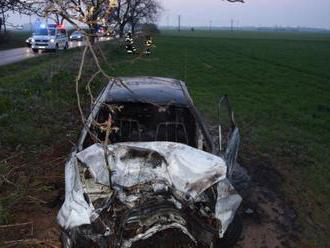 Mladý opitý vodič dostal šmyk, vrazil do stromu a auto zhorelo