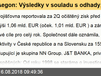 Aegon: Výsledky v souladu s odhady, prodej aktiv v ČR a SR
