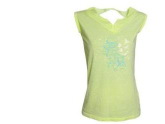 Dámske tričko s krátkym rukávom a ozdobným výstrihom na chrbte, v zelenéj farbe.