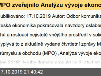 MPO zveřejnilo Analýzu vývoje ekonomiky ČR – říjen 2019