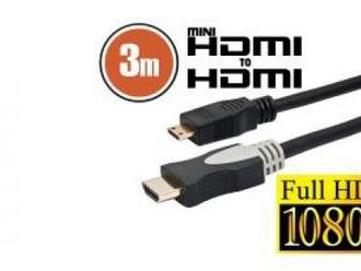 Mini HDMI kábel 3 m. Digitálny multimediálny kábel, ktorý prenáša audio a video signály prístrojov.