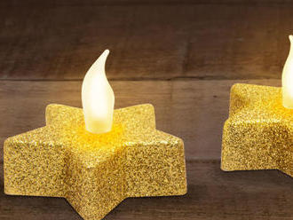 Trbielatavá LED čajová sviečka v tvare hviezdy a v zlatej farbe, ktorá je bezpečná, 2 ks / blister.