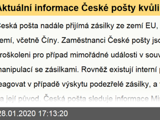 Aktuální informace České pošty kvůli zásilkám z Číny