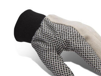 Montážne rukavice XL. Vyrobené z bavlny, manžety s gumičkami, protišmykové gumené plošky na dlani.