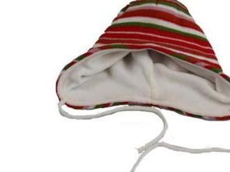 Detská zimná čiapka zo 100% bavlny pod krkom na zaväzovanie, farba červenozelená.