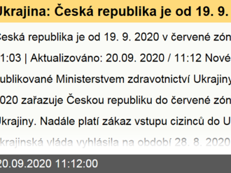 Ukrajina: Česká republika je od 19. 9. 2020 v červené zóně