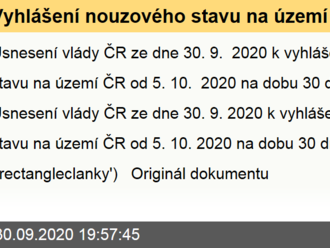 Vyhlášení nouzového stavu na území ČR od 5. 10. 2020 na dobu 30 dnů - Usnesení vlády ČR ze dne 30. 9